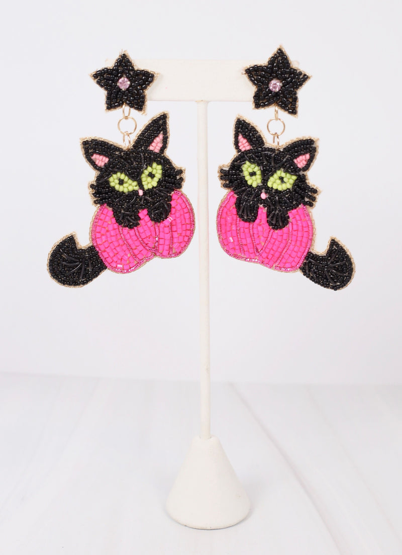 Bewitched Cat and Pumpkin Earring HOT PINK