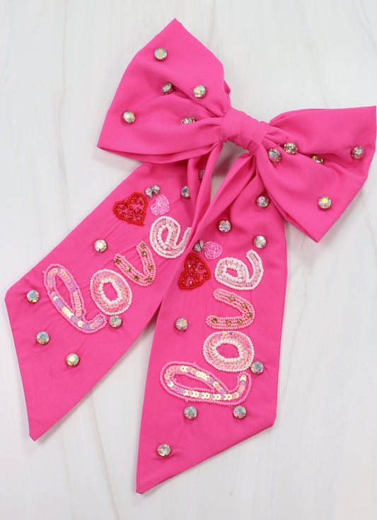 Double the Love Hair Bow HOT PINK