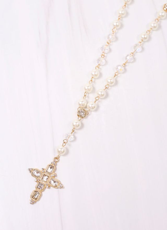 Evans Pearl and CZ Cross Necklace Ivory