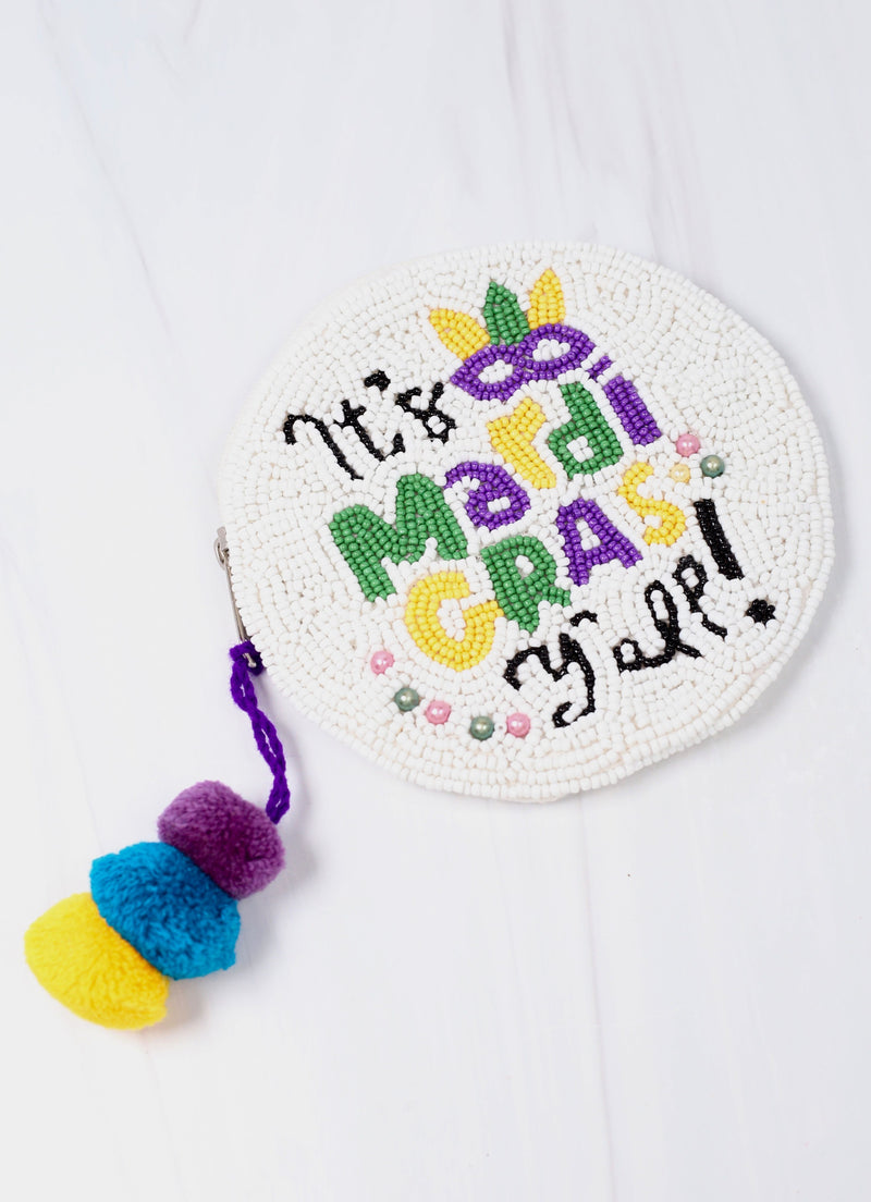 It's Mardi Gras Y'all Beaded Pouch WHITE MULTI