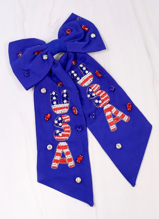 USA Beaded Hair Bow BLUE