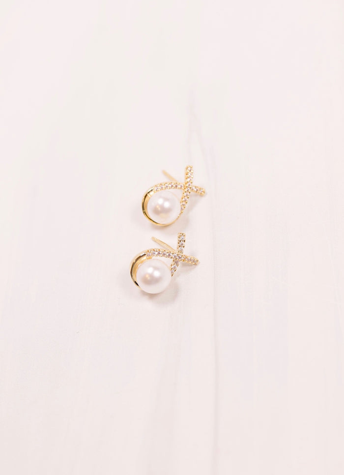 Cameron Pearl and CZ Stud Earring GOLD