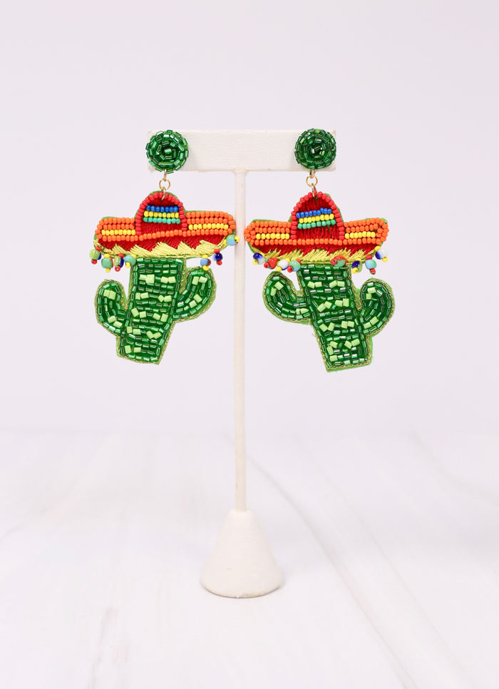 Embellished Cactus with Sombrero Earring GREEN