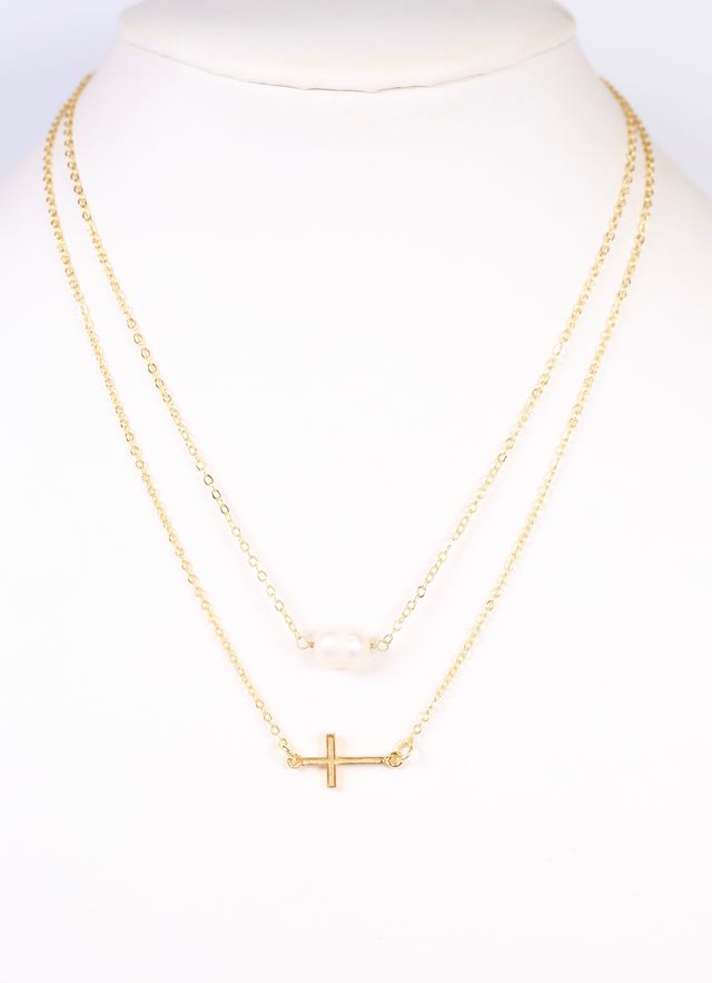 Ruffalo Cross and Pearl Necklace GOLD