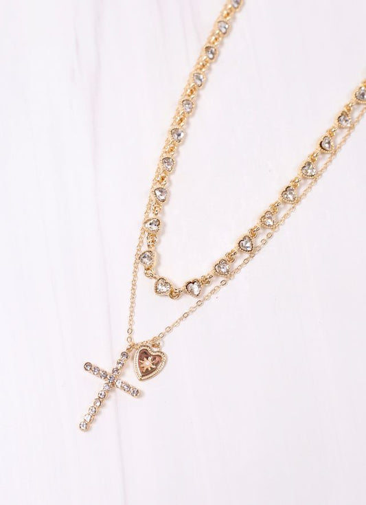 Sharon CZ Cross Layered Necklace GOLD