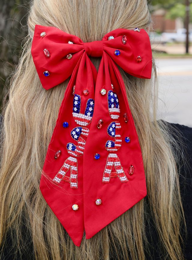 USA Beaded Hair Bow RED