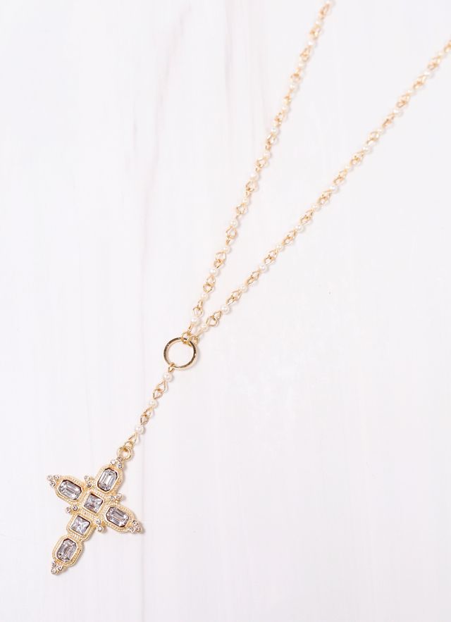 Bailie Pearl Necklace with Cross Charm GOLD