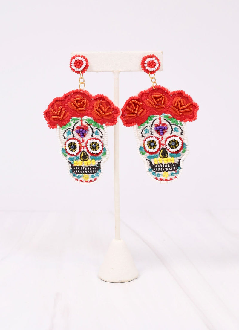 Frida Embellished Skull Earring RED