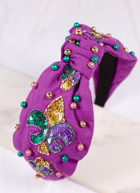 Jazzy Fleur de Lis Embellished Headband Purple