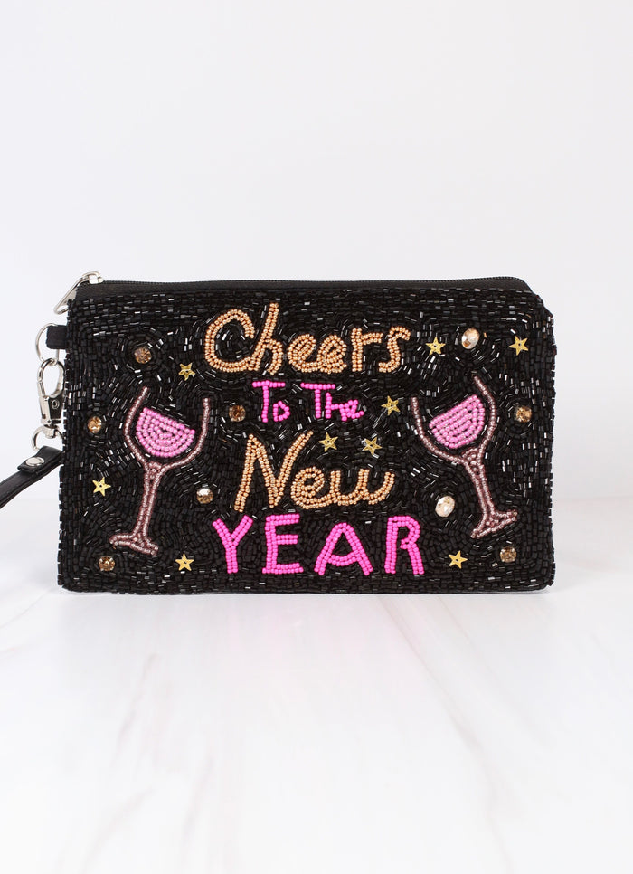 Cheers to the New Year Beaded Pouch BLACK