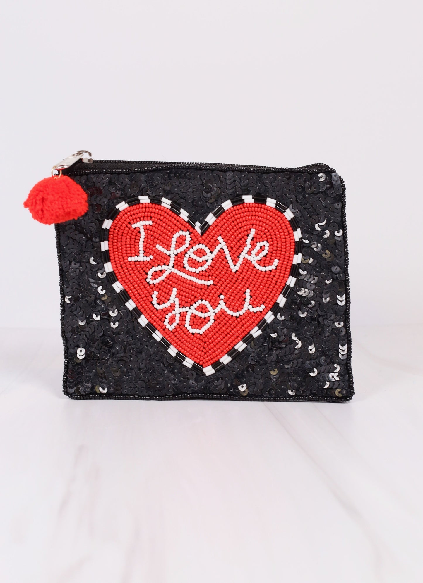 I Love You Embellished Pouch BLACK