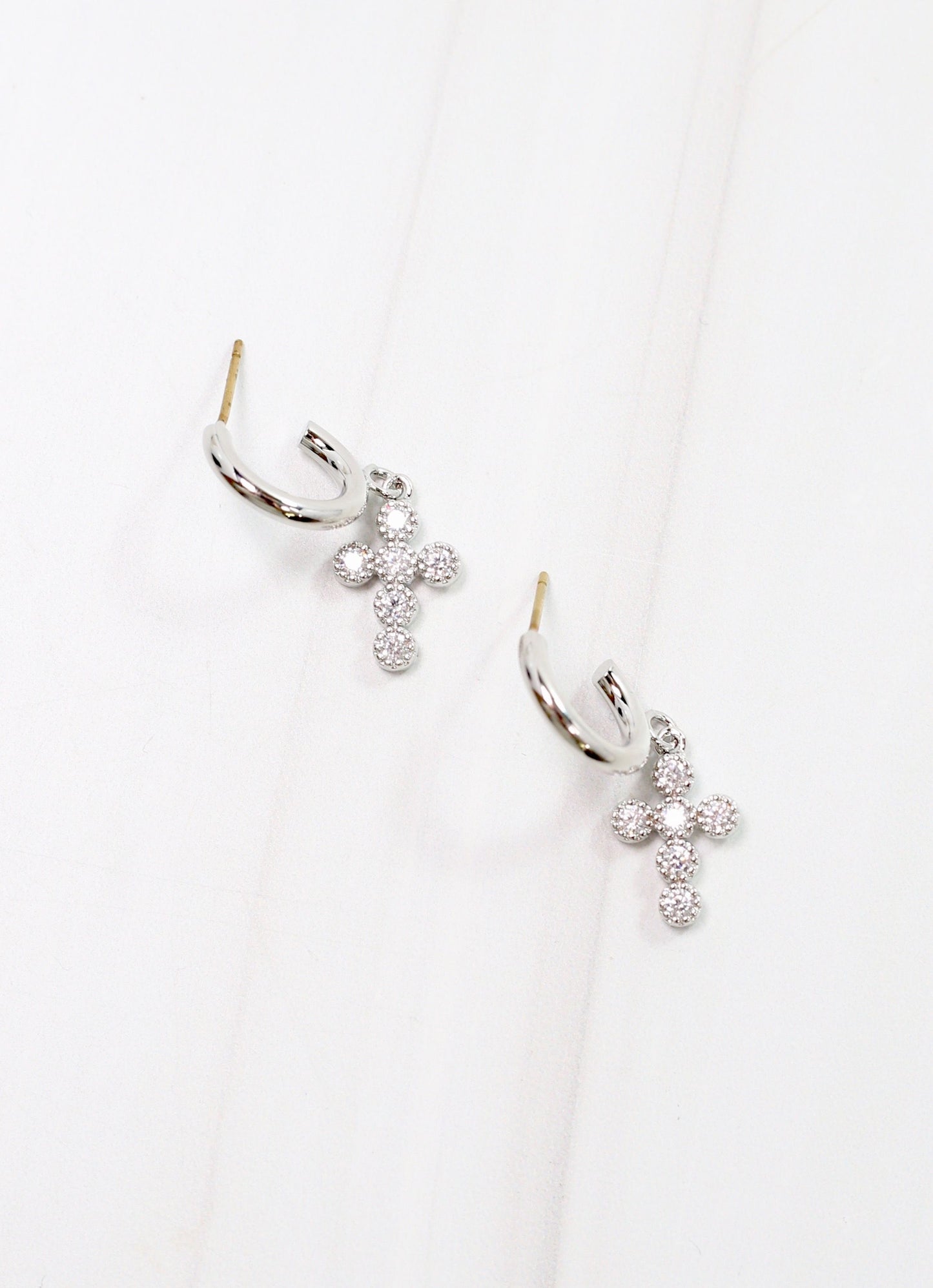 Camellia CZ Cross Hoop Earring SILVER