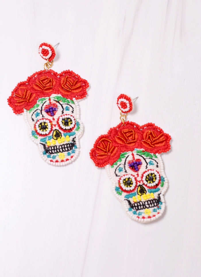 Frida Embellished Skull Earring RED