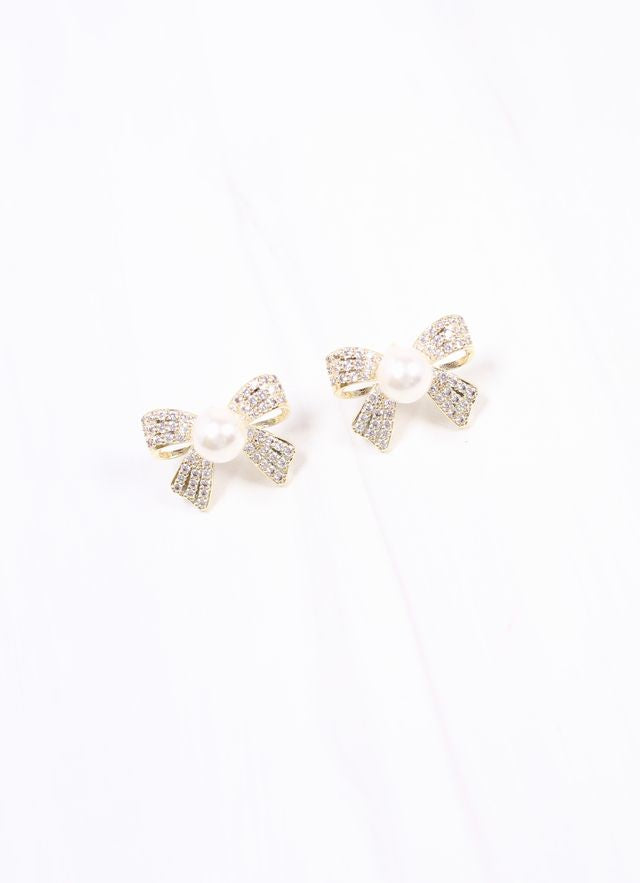 Gretchen CZ Pearl Bow Earring GOLD