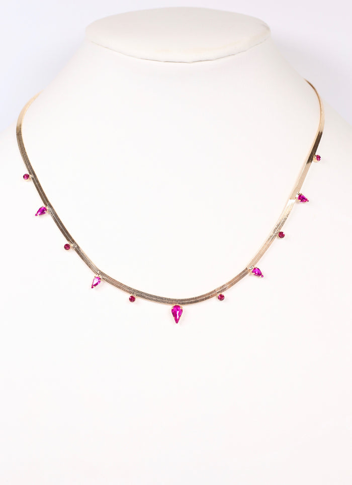 Esters Flat Chain Necklace with Stones FUCHSIA