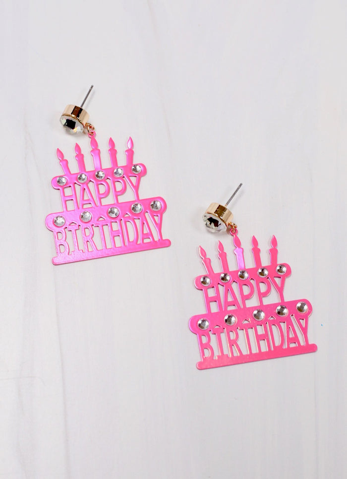 Happy Birthday Cutout Cake Earring HOT PINK