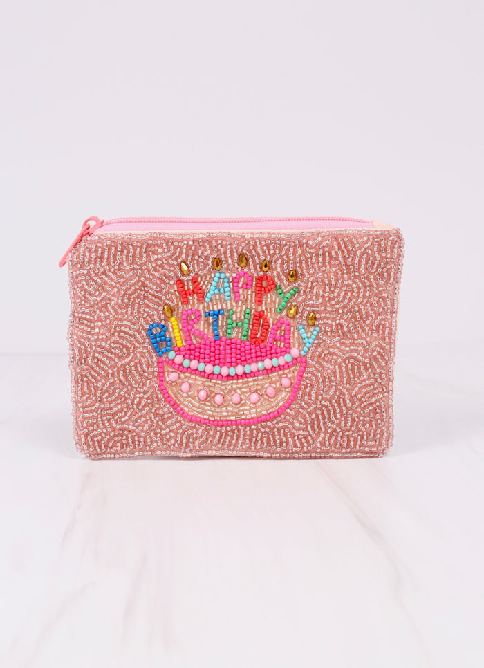 Happy Birthday Cake Beaded Pouch PINK MULTI