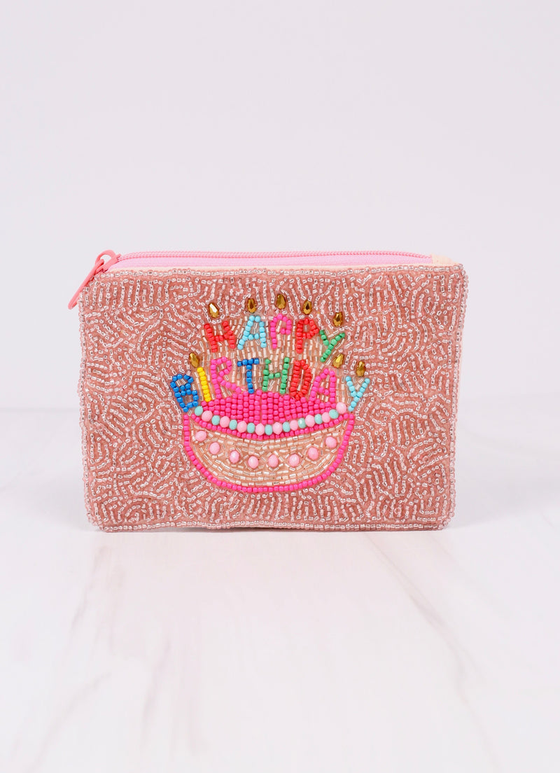 Happy Birthday Cake Beaded Pouch PINK MULTI