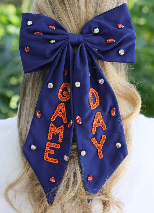 Game Day Embellished Bow NAVY ORANGE