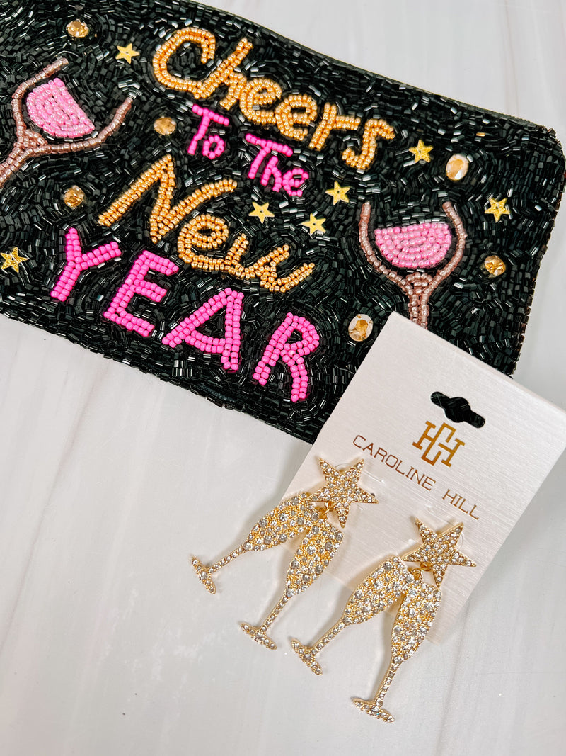 Cheers to the New Year Beaded Pouch BLACK