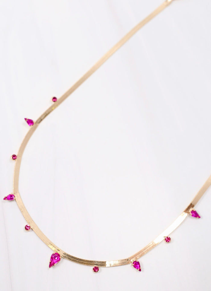 Esters Flat Chain Necklace with Stones FUCHSIA