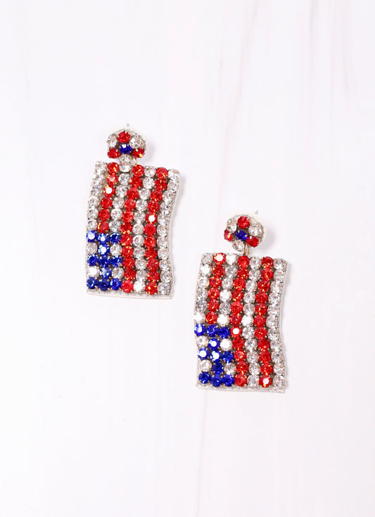 Beautiful Bejeweled Flag Earring RED WHITE BLUE