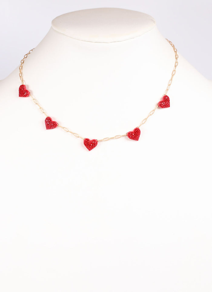 Peyton CZ Hearts Necklace RED