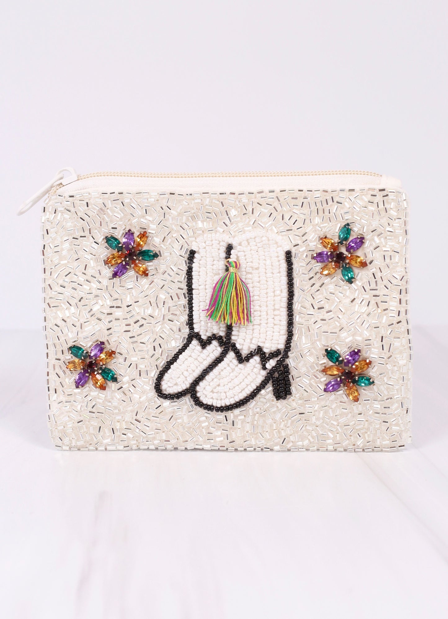 Majorette Boots Beaded Pouch WHITE MULTI