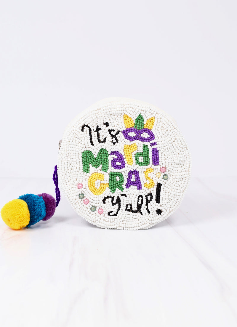 It's Mardi Gras Y'all Beaded Pouch WHITE MULTI