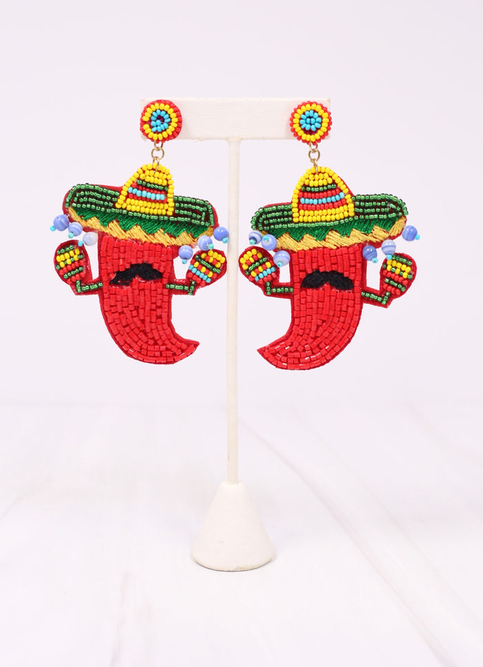Chili Pepper with Sombrero Earring RED