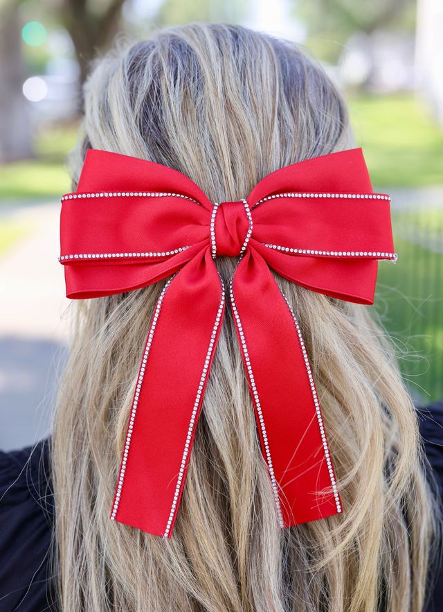 Winifred CZ Lined Hair Bow RED