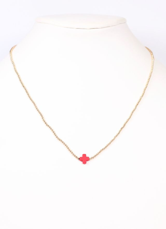 Rink Necklace with Cross RED