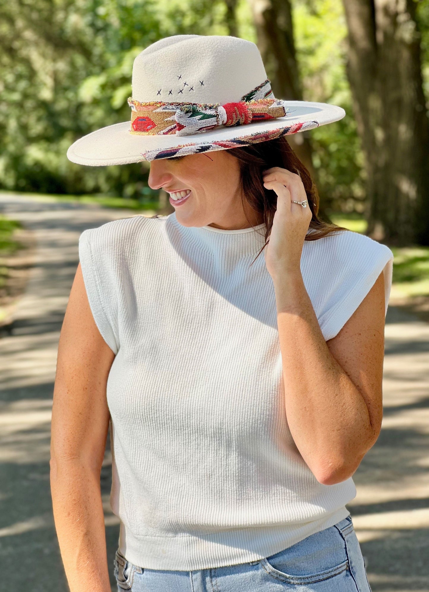 Lucie Hat with Aztec Accents Ivory