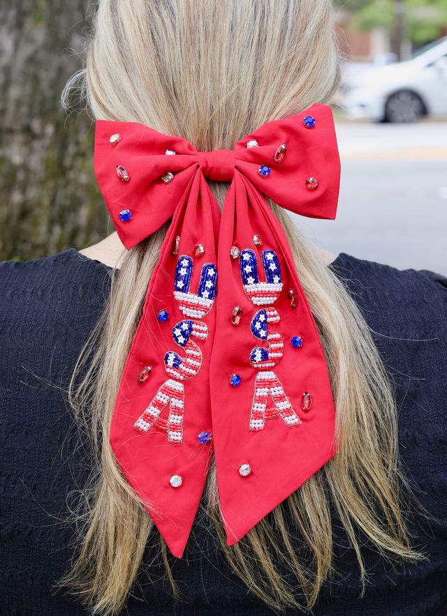 USA Beaded Hair Bow RED