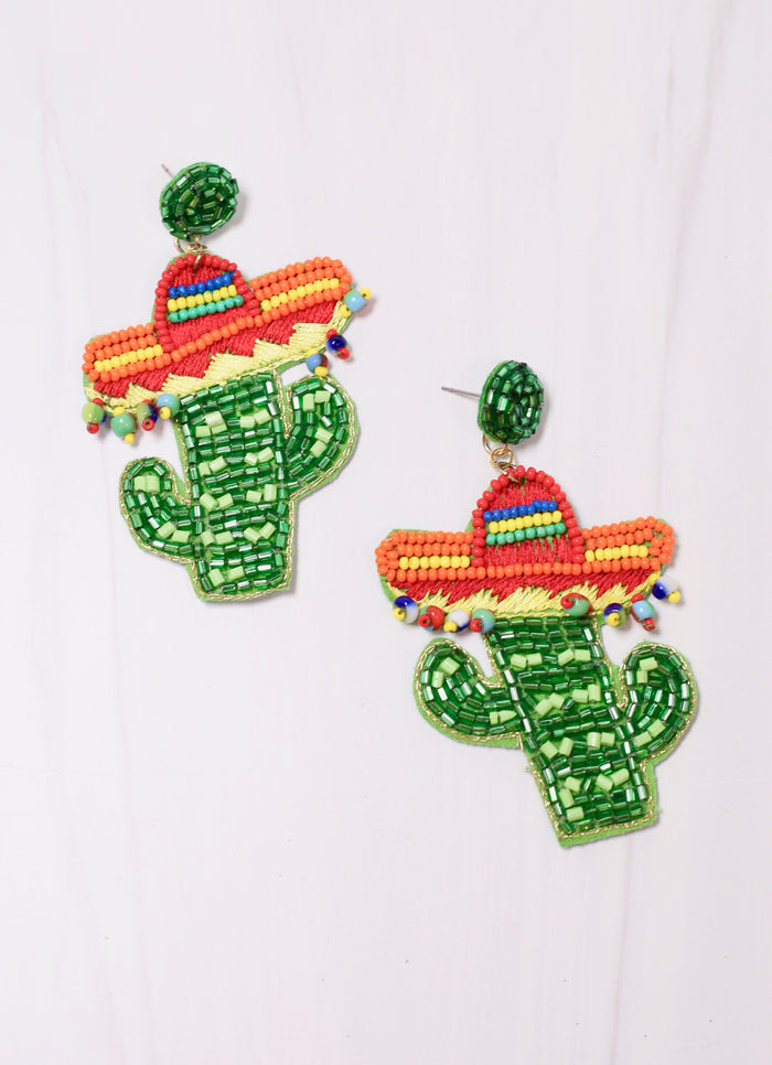 Embellished Cactus with Sombrero Earring GREEN
