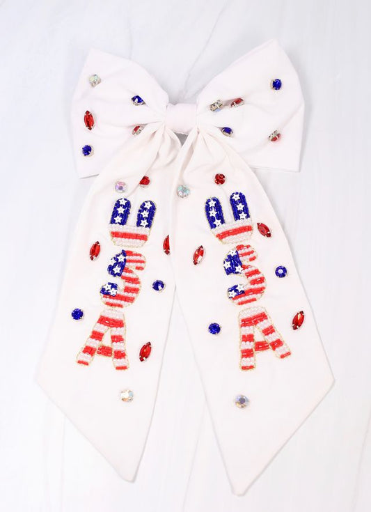 USA Beaded Hair Bow WHITE