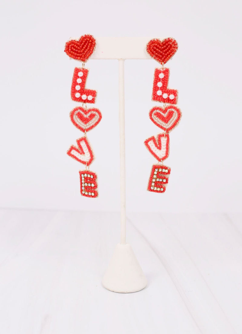 Love Embellished Drop Earring RED
