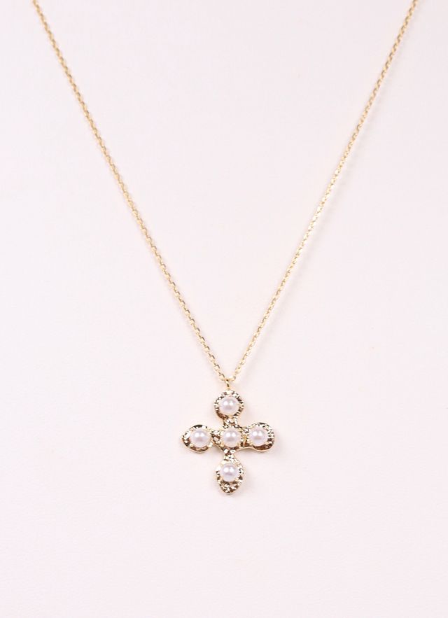 Topher Pearl Cross Necklace GOLD