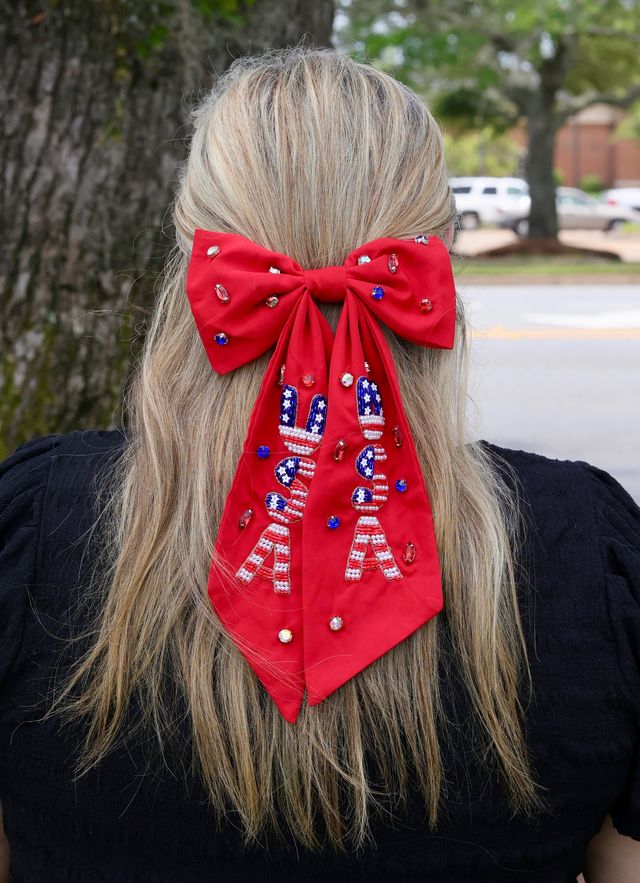 USA Beaded Hair Bow RED