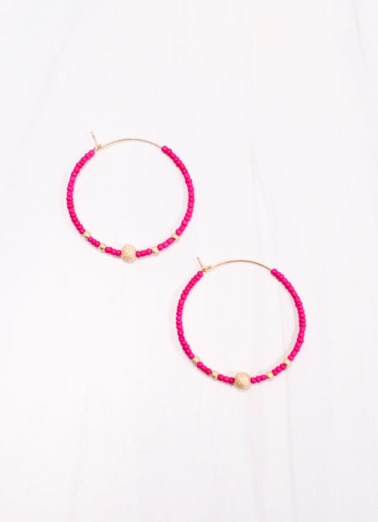 Maranda Beaded Hoop Earring HOT PINK