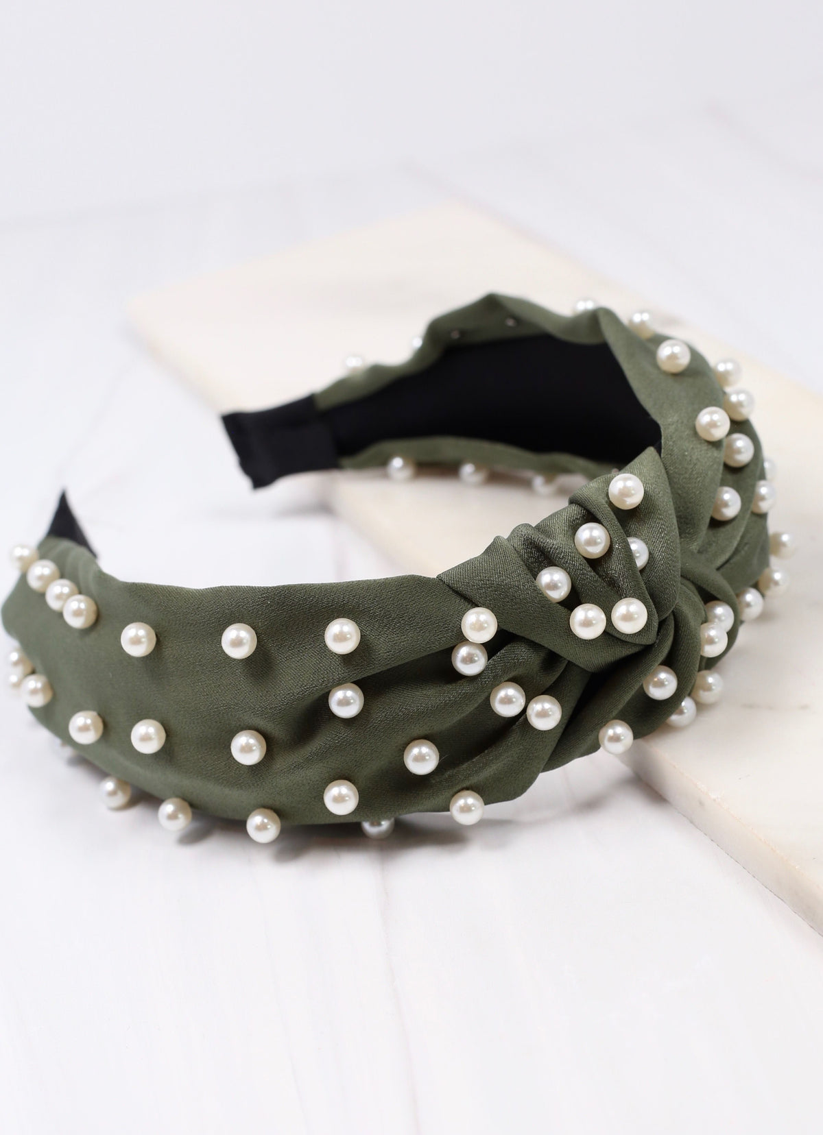 Maddie Satin Headband with Pearls OLIVE