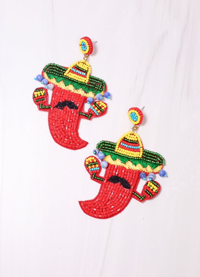 Chili Pepper with Sombrero Earring RED