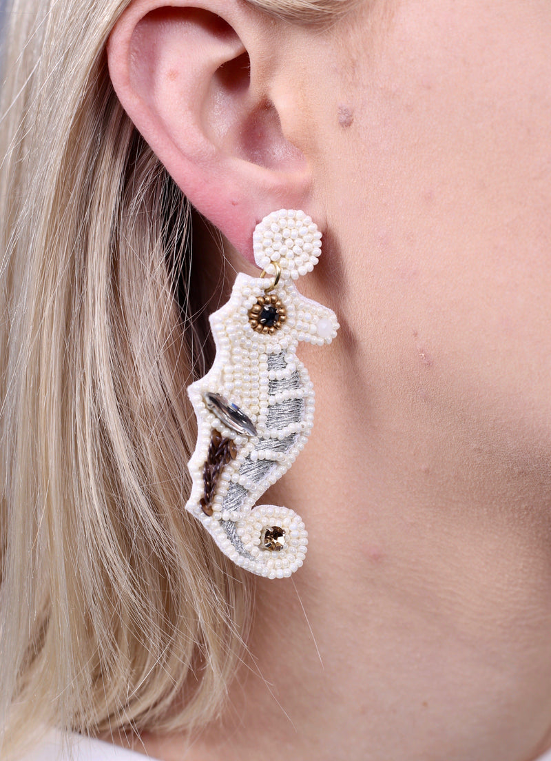 Shellton Embellished Seahorse Post Earring IVORY