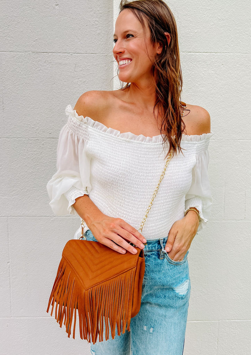Russel Quilted Crossbody with Fringe Camel