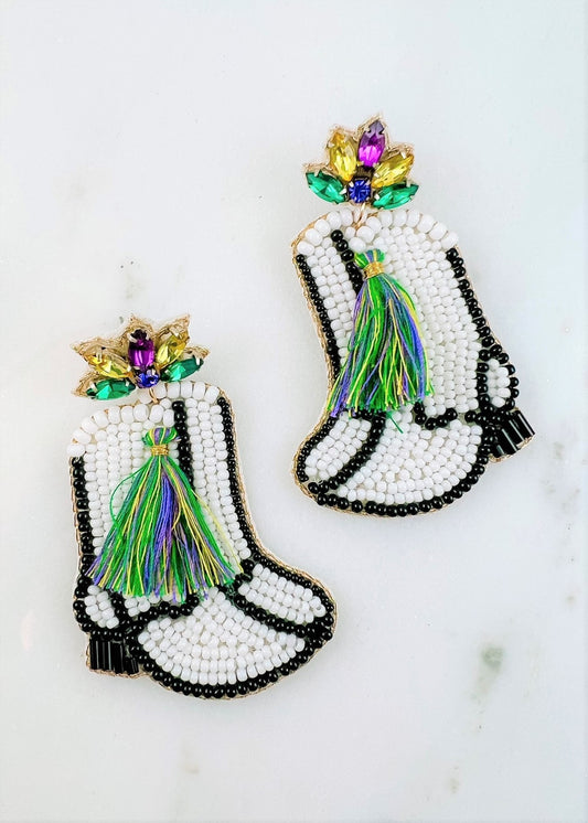 Mardi Gras Majorette Boots Earring White