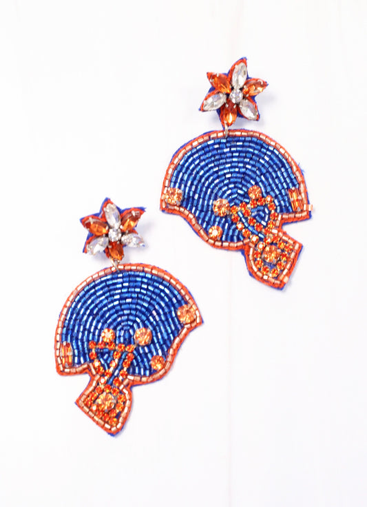 Beaded Football Helmet Earring ROYAL BLUE ORANGE