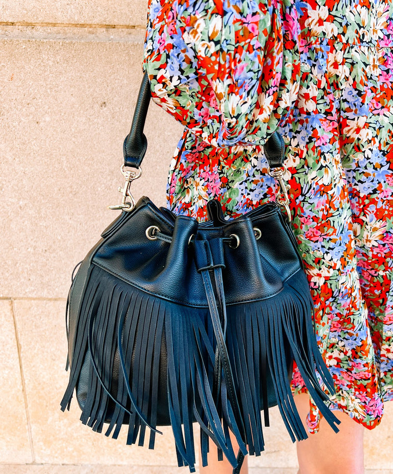 Willow Bucket Bag with Fringe BLACK
