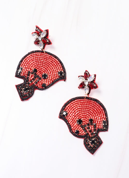 Beaded Football Helmet Earring RED BLACK