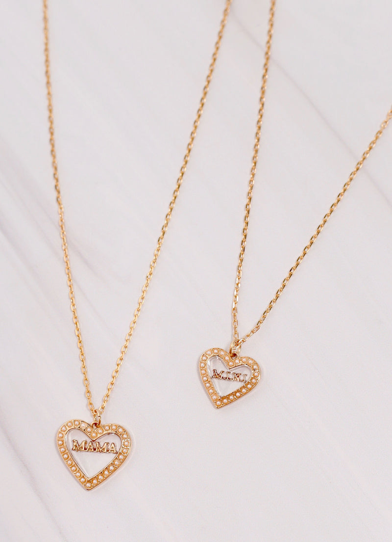 Pearl Lined Heart Mama & Mini Heart Necklace Set GOLD