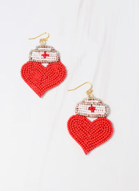 Nurse Hat and Heart Earring RED